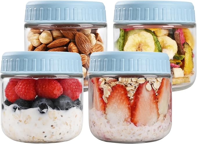 Overnight Oats Containers with Lids, 10oz Glass Jars with Lids 4 pcs, Light Blue, Wide Mouth Mason jars for Salad, Yogurt, Snacks, Meal Prep