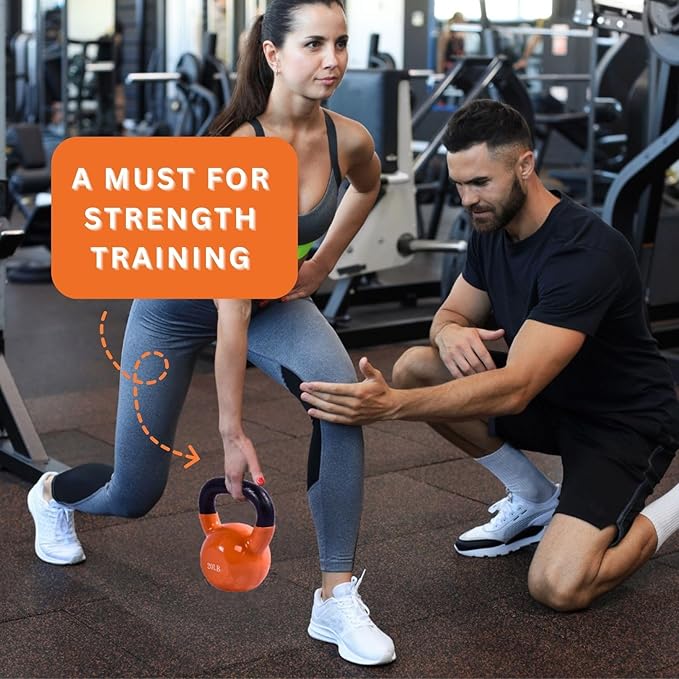 BESEA Orange Vinyl Coated Kettlebell 20~45LBS, Wide Grip Handle, Stable Flat Base, Strength Training, Durable kettle bells