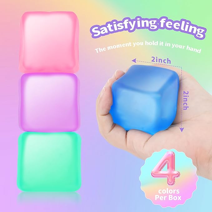 Fidget Toy Stress Cube 4 Pack, Cube Squishies Anxiety Stress Relief with Thick Substance,Fidgets for Classroom,Stress Balls for Adults Kids Children Teens