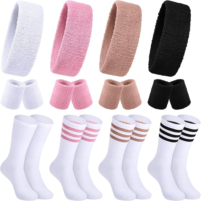 Hillban 80s Workout Outfit 80s Accessories for Women Men Neon Sweatbands Headbands for Tennis Volleyball Sport