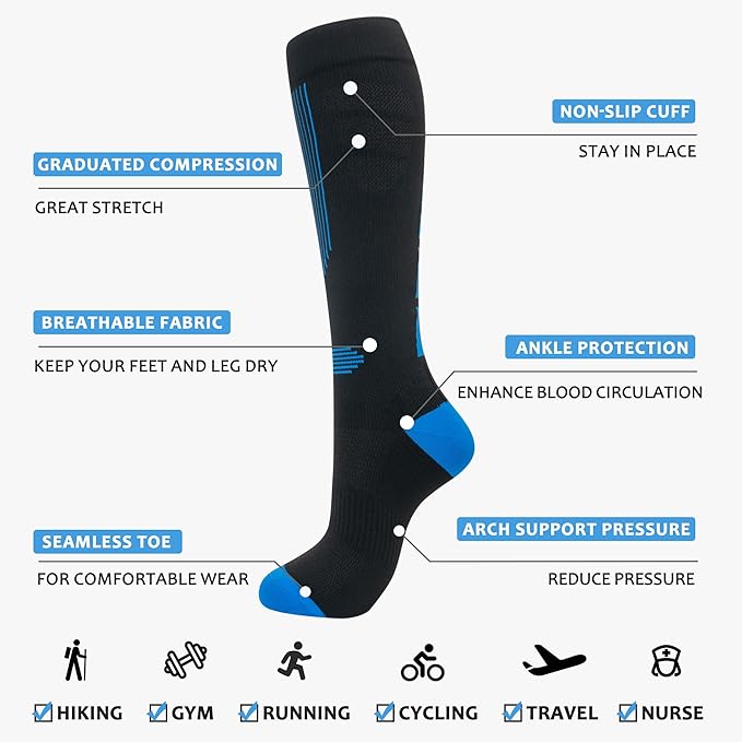 fenglaoda Compression Socks Women Men 4 Pairs, Knee High Support Socks for Running, Sports, Travel, Flight, Nurse