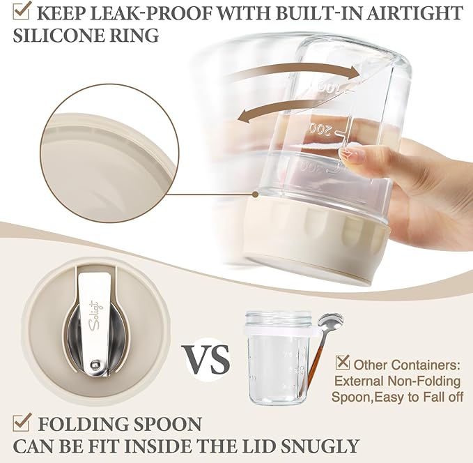 SOLIGT 2 Pack Overnight Oats Containers with Lids, Folding Spoons, and Divided Compartments for Fruit & Nuts, Small Glass 16oz Mason Jars for Oatmeal Yogurt Parfait (2 Set-Oat White/Organic Green)