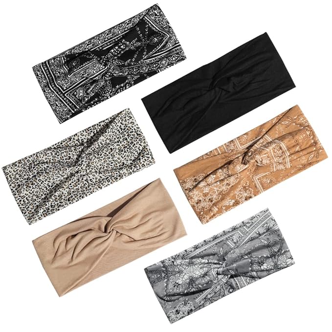 Artilady 6 Pack Boho Headbands for Women - Wide Bandana Headband Non Slip Stretchy Cheetah Paisley Print Turban Headwarp Twisted for Girls