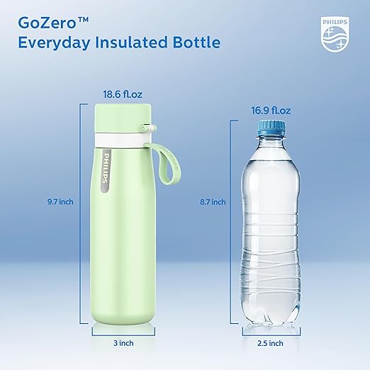 PHILIPS Water Bottle with Filter, Filter Water Bottle Stainless Steel with GoZero Everyday BPA-Free Tap Water Filter, Water Filter Bottle Keep Drink Cold 24 Hours, 1 Filter for 40 gal / 2 Months