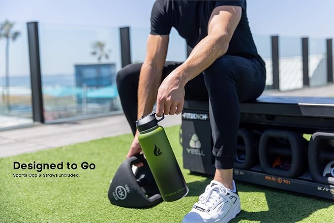 HYDRO CELL Stainless Steel Insulated Water Bottle with Straw - For Cold & Hot Drinks - Metal Vacuum Flask with Screw Cap and Modern Leakproof Sport Thermos for Adults (Army/Black 40oz)