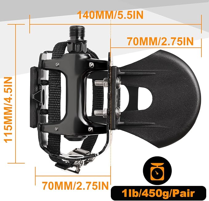 Bucklos Bike Pedals with Toe Cages and Straps - Bicycle Toe Clips Cage Compatible with Road Bike/Peloton/Mountian Bikes/MTB - Toe Clip Pedal for Wide Shoes Indoor Outdoor Cycling