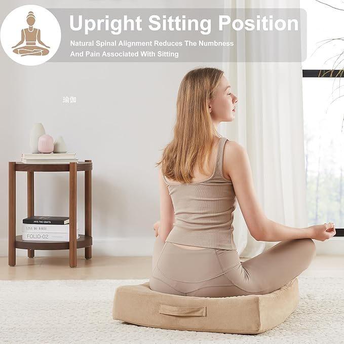 2 Pcs High Density Foam Floor Pillow - Upgraded Large Pillows Seating for Adults - Outdoor Floor Cushion with Soft Tufted Cover - Yoga Pillows for Sitting On Floor - 22 Inch Khaki