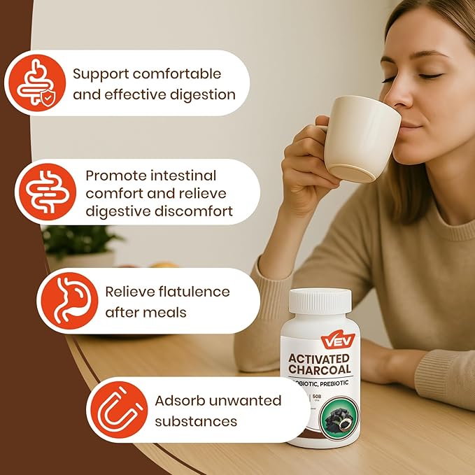 VEV Activated Charcoal with Organic Coconut Shell Charcoal & 50 Billion Probiotics – 120 Vegan Capsules for Digestive Wellness & Dietary Support