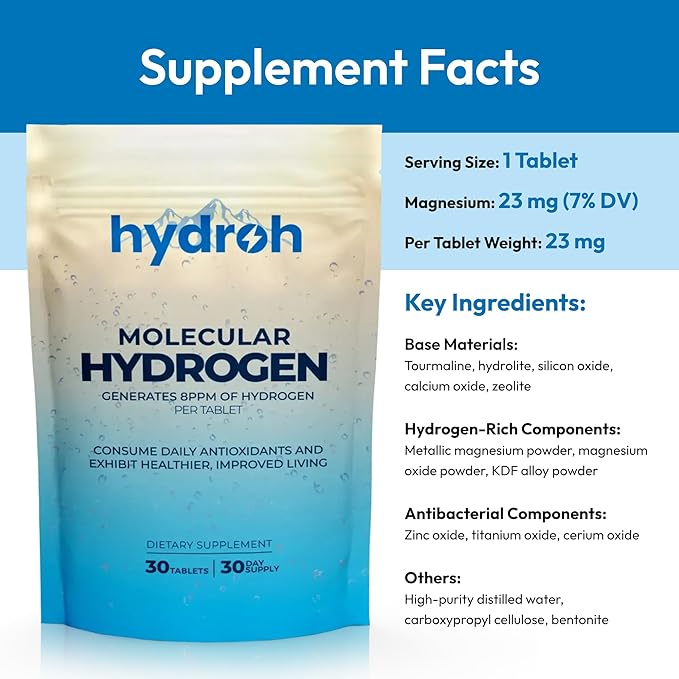 Hydrogen Water Tablets, Molecular Hydrogen Tablets for Drinking Water, Antioxidant-Rich, Supports Brain Energy & Health - Quick-Dissolving - Unflavored H2 Tabs - (30-Day Supply)