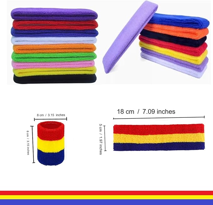 24 Pcs Neon Sweatbands Set Include 8 Pcs Sports Headband and 16 Pcs Cotton Wristbands 80s Neon Sweat Bands Bulk for Gym, Tennis, Basketball, Running, Exercise