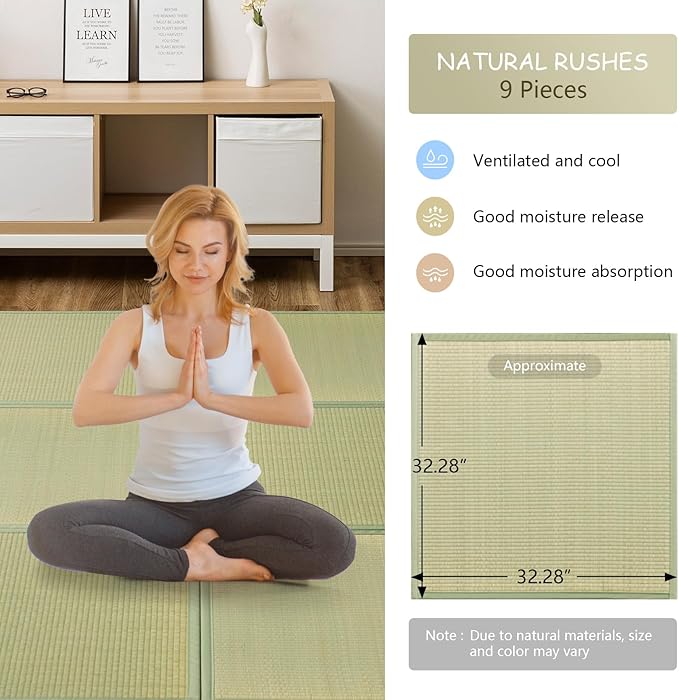 HAGiHARA Japanese Tatami Mat, Patchwork Tatami Floor Mats, 96" x 96" Foldable Square with Non-Slip Design for Bedroom, Crawling and Yoga, Made of Rush Grass, Igusa(with Edge/9 Picecs)