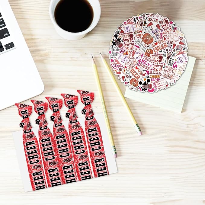 Cheerleading Drawstring Bag Gift Set Including Drawstring Sackpack Stickers Lanyard Keychains Bracelets Hair Ties 6 Pcs(Red)