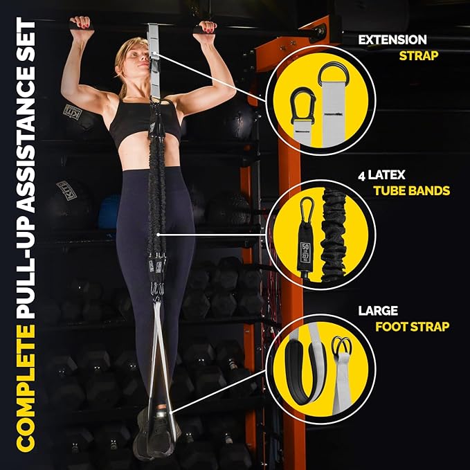 Pull Up Assistance Bands Set - 4 Heavy-Duty Pull Up Bands, Height Adjustable Strap & Comfortable Foot Strap - Stackable Pull Up Resistance Bands for Pull Ups