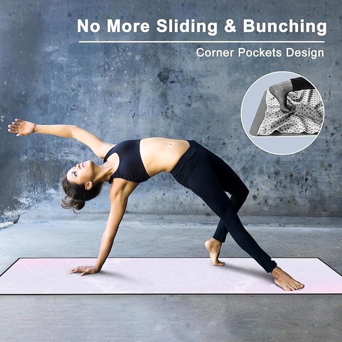 QiyI Yoga Mat Towel with Corner Pockets, Non Slip Sweat Absorbent Hot Yoga Towels, Soft Yoga Blankets with Travel Bag, Skidless Mat Cover for Workout, Gym, Fitness - 70"x26", Purple Mandala