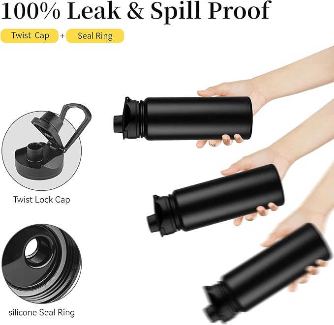 24 oz Insulated Water Bottle with Straw Lid & Wide Mouth Lids, Stainless Steel Sports Water Bottles, Double Walled Vacuum, Leak Proof,Black