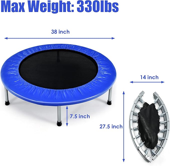 GYMAX Rebounder Trampoline for Adults, Mini Exercise Trampoline with Safety Pad, Foldable Rebounding Fitness Trampoline for Indoor/Outdoor, Small Workout Trampoline for Adults (Blue)