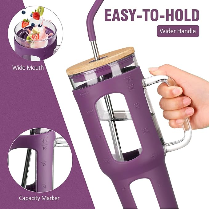 Glass Tumbler with Lid and Straw, 46 oz Iced Coffee Cup with Handle, Glass Water Bottles with Silicone Sleeve, BPA Free-Dark Purple