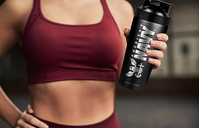 Military Gift Shop 24oz Navy Insulated Shaker Bottle with Engraved Logo–24oz Water Bottle–Cup for Protein Shakes | (Navy) Shaker
