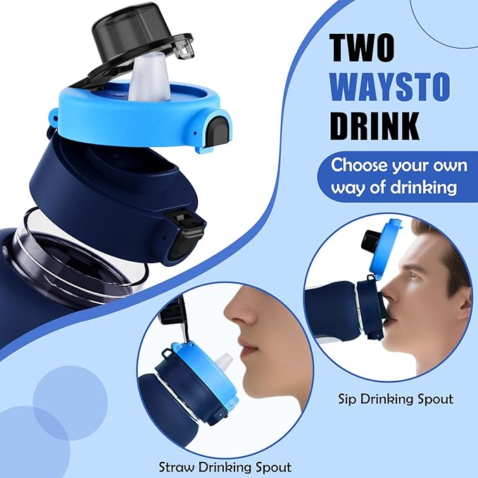 ANOTION 24OZ Glass Water Bottle, Large Sports Water Bottle with Dual-Drink Lid Clear Leakproof Glass Bottles with Straw, Motivational Jug with Silicone Sleeve and Time Marker for Travel Gym-Blue