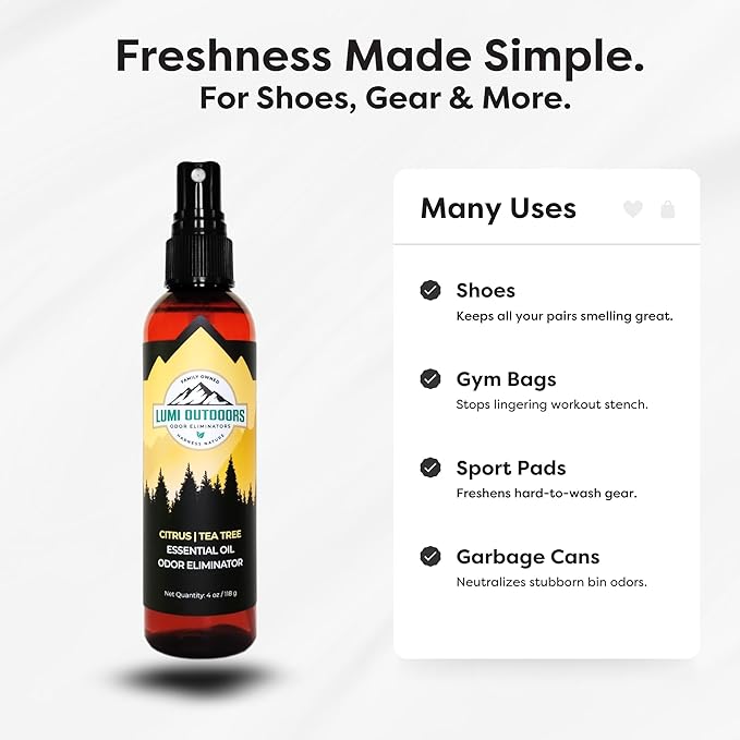 Lumi Outdoors Natural Shoe Deodorizer Spray & Odor Eliminator - Fresh Citrus Tea Tree Essential Oil Odor Eater