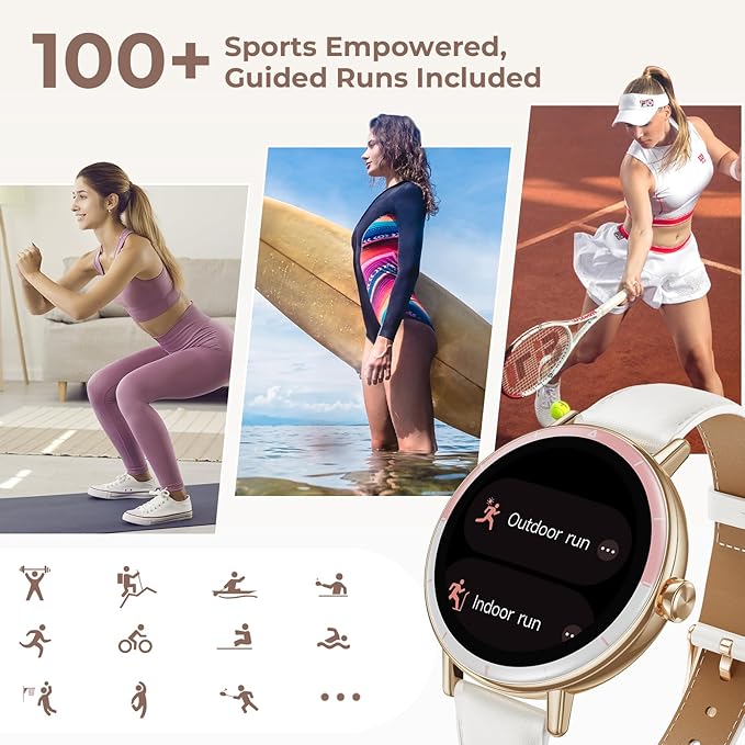 Smart Watches for Women, 1.27'' HD Round Ladies Fitness Trackers with Heart Rate/SpO2 Monitor Sleep/Calorie/Step Tracker 100+ Sports Modes IP68 Waterproof for Android/iOS, Rose Gold/Off White