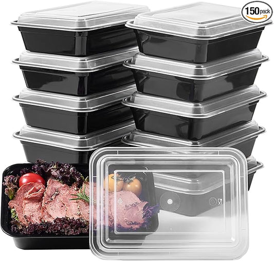FULIGN 24 oz Meal Prep Containers With Lids Reusable 150 Pack Extra-thick Plastic Food Storage Black Disposable To Go Lunch Box BPA Free Stackable Microwave Dishwasher Freezer Safe