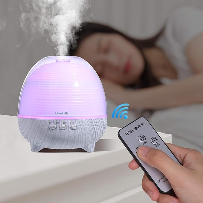BlueHills Premium Essential Oil Diffuser with Remote Cute Aromatherapy Humidifier Large Capacity Coverage Area for Home Room Office Long 12 Hour Run Timer Lights White Wood Grain-S01-600ML