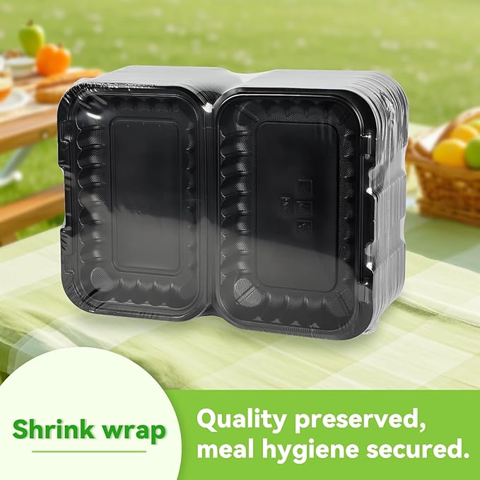 FRESHPAK Plastic Containers Mineral Filled PP - 50 Pack 9x6 27 oz Shrink Wrap BPA Free | Stackable Meal Prep Clamshell Food Container | Reusable Microwave Safe Leftovers Takeout | Catering To Go Box