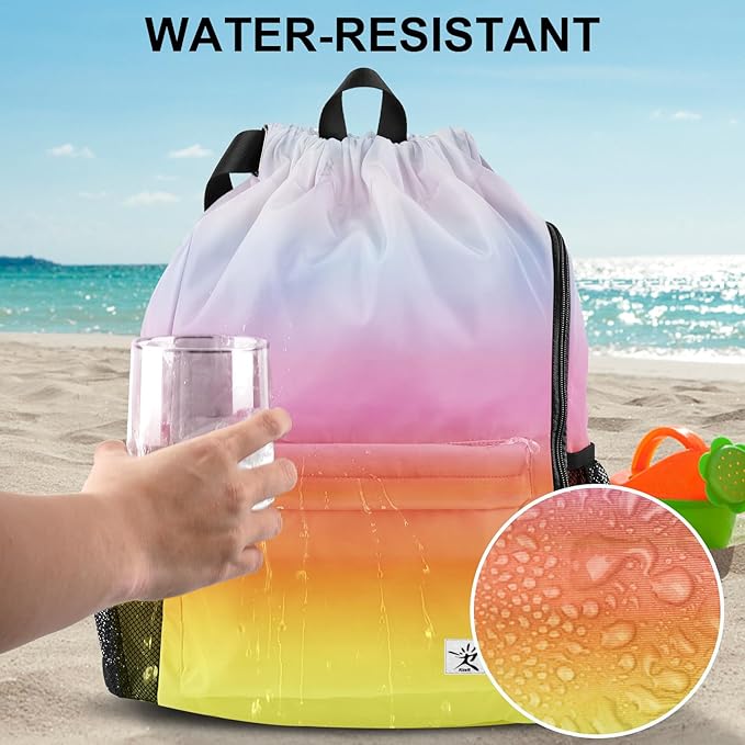 Drawstring Backpack with Mesh Pockets String Gym Bag Sackpack Sandproof Water Resistant Beach Backpack for Men Women