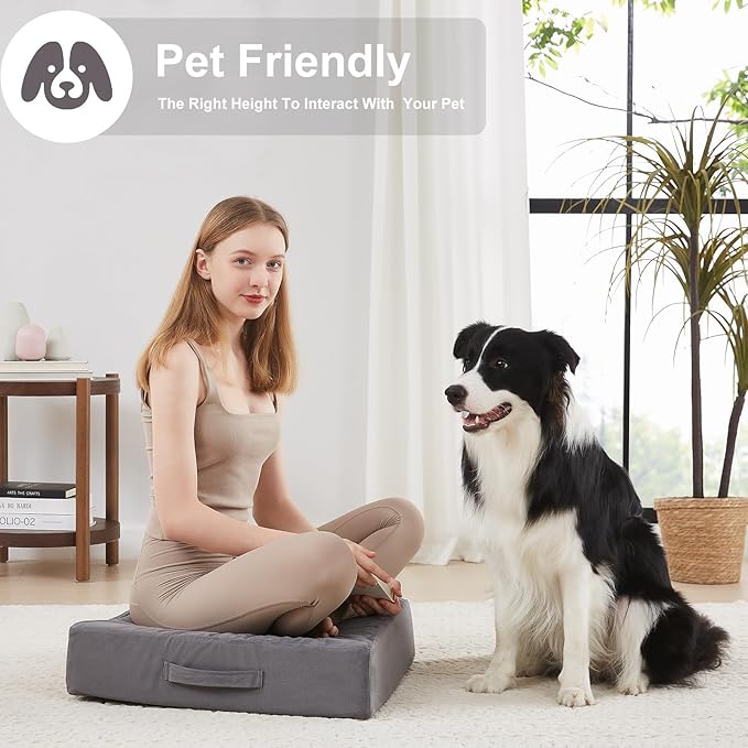 2 Pcs High Density Foam Floor Pillow - Upgraded Large Pillows Seating for Adults - Outdoor Floor Cushion with Soft Tufted Cover - Yoga Pillows for Sitting On Floor - 22 Inch Grey