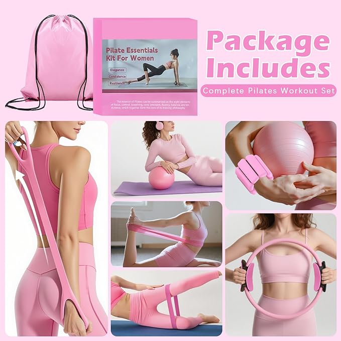 Pilates Kit for Home Workouts – Pilates Equipment Set with Ring, Ball, Resistance Bands, Pilates Accessories, Pilates Essentials Kit for Women, Yoga & Workout Sets, Pilates Sets for Home Exercise