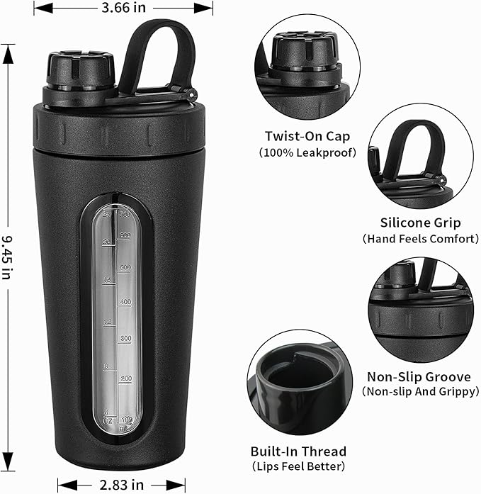 TOOFEEL Stainless Steel Shaker - 28 oz Metal Cup for Protein Shakes, 2 Whisk Balls, Not Stays Cold/Hot, Visible Window, Gym Workout Leakproof