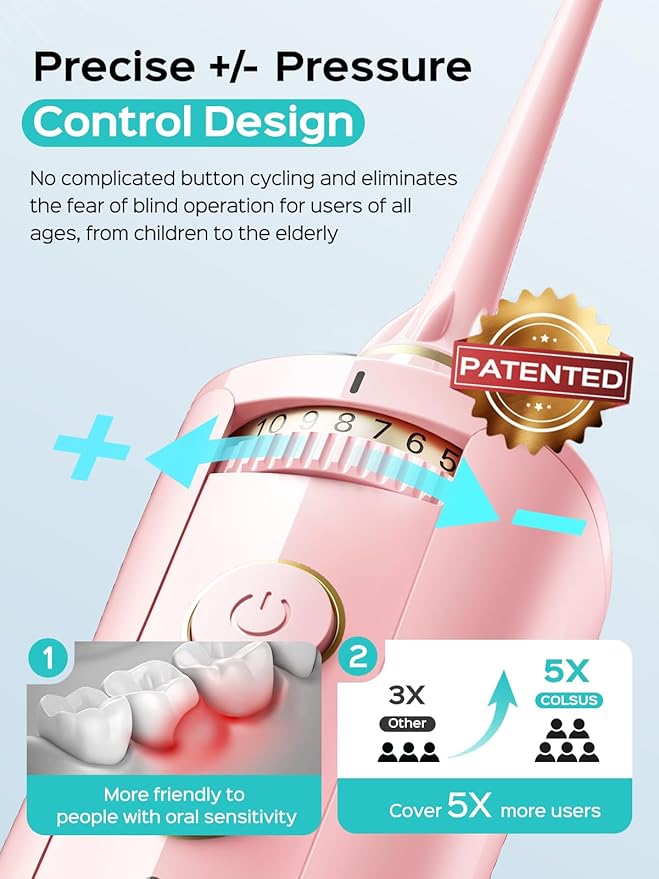 COSLUS Portable Water Flosser for Teeth: 10 Pressure Settings Professional Water Dental Pick for Orthodontic, Braces & Sensitive Gums - Cordless for Travel Use, for Adults Teens, BPA-Free, E40