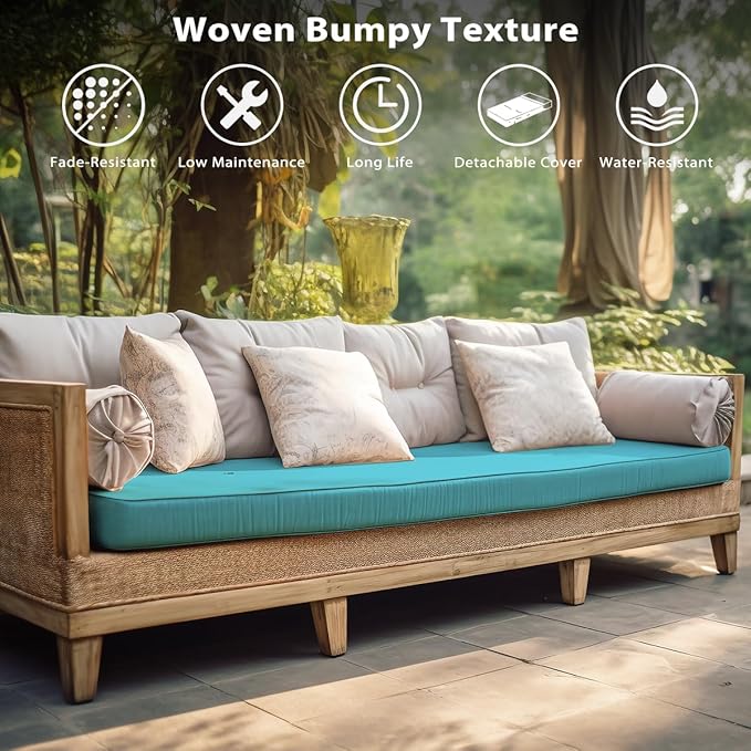 Sundale Outdoor Olefin Bench Cushion， Water-Resistant Patio Couch Cushion, Loveseat Sofa Pad with Straps Teal, 48 x 18 x 4 Inches