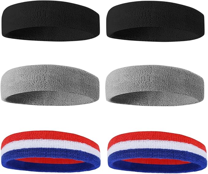 BEACE Sweatbands Sports Headband for Men & Women - 6PCS Moisture Wicking Athletic Cotton Terry Cloth Sweatband for Tennis, Basketball, Running, Gym, Working Out