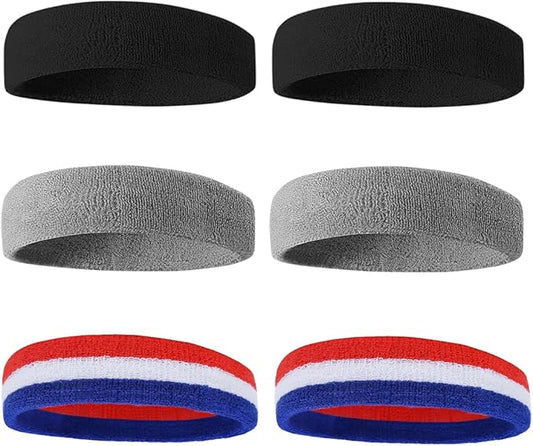 BEACE Sweatbands Sports Headband for Men & Women - 6PCS Moisture Wicking Athletic Cotton Terry Cloth Sweatband for Tennis, Basketball, Running, Gym, Working Out