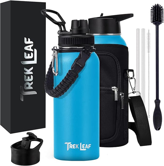 Travel Water Bottle with Carrying Bag, 3 Lids (Spout, Straw, Flip), and Bottle Brush; Leak Proof, Quality, Vacuum Insulated, Stainless Steel (Ocean Blue, 32 oz)