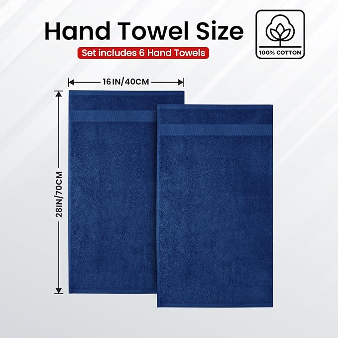 Infinitee Xclusives Hand Towels for Bathroom - Set of 6 (16x28 inches) 600 GSM, 100% Cotton Ultra Soft, Quick Drying, Hotel Quality Hand Towel Set (Tranquil Navy)