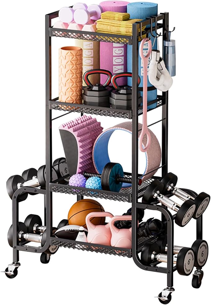 Dumbbell Rack, Adjustable Weight Rack with Hooks and Rolling Wheels, Workout Equipment Storage, Home Gym Storage for Dumbbell Yoga Mat Foam Roller Kettlebells Resistance Bands