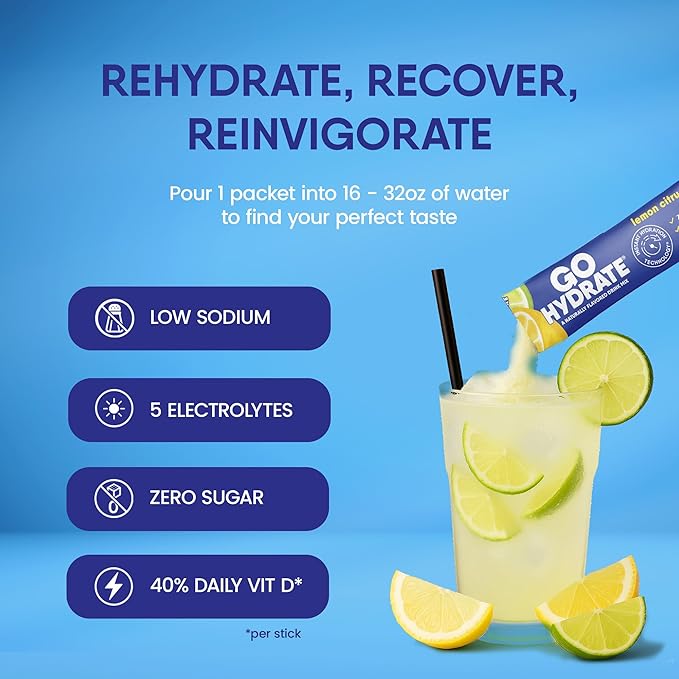 GoHydrate Instant Hydration Powder Packets - Low Sodium Electrolytes Drink Mix - Natural Hydration Support, Sugar Free Electrolyte Flavored Powder Drink with Vitamin D, 30 Packs, Lemonade