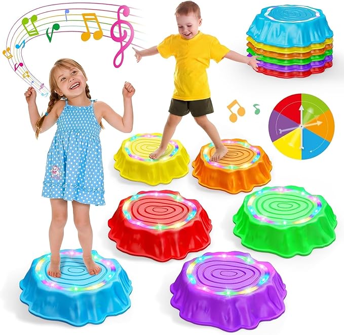 Flooyes Stepping Stones for Kids, 6pcs Light up & Music Non-Slip Stepping Stones, Sensory Toy for Toddler Balance & Coordination Skills, Indoor & Outdoor Toys, Toys for Toddlers Ages 3-5