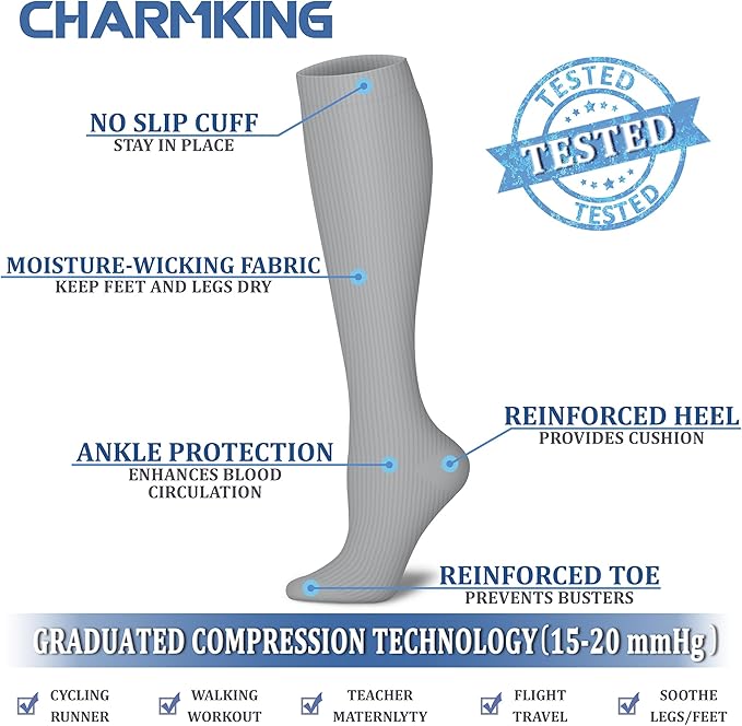 CHARMKING Compression Socks for Women & Men Circulation (8 Pairs) 15-20 mmHg is Best Support for Athletic Running,Hiking