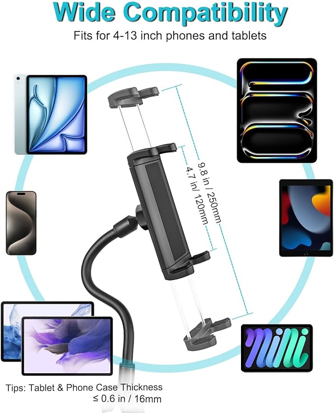 Gooseneck Indoor Cycling Tablet Mount, Spin Bike Tablet Holder for Stationary Treadmill Elliptical, 360° Rotation Handlebar Clamp for iPad Pro Mini Air, Galaxy Tab/Z Fold, iPhone,4-12.9" Device