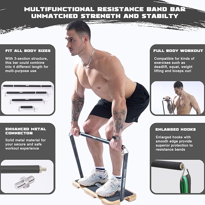 Resistance Band Bar, Length-Adjustable Detachable Heavy Duty Workout Bar for Resistance Band Training, Core Muscle Training, Home & Ourdoor Workout, Max Load 800 Lbs