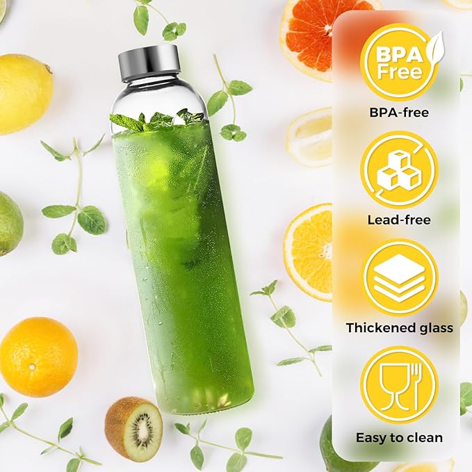 Set of 6 Clear Glass Water Bottles with Lid 18oz for Juicing Reusable Bottle Glass Cup with Stainless Steel for Juicing, for Halloween Refrigerator 100% Leak Proof Drinking Jar, BPA Free