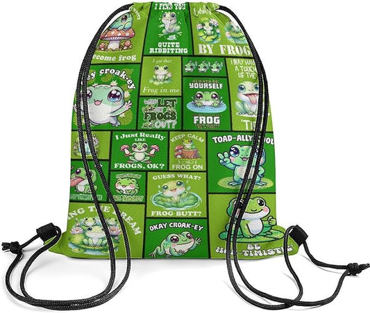 Frog Drawstring Backpack - Cute Cinch Sack, String Backpacks for Kids Women Men Boys Girls for Gym Outdoor Sports Travel Athletic Drawstring Bag - Lightweight/Foldable