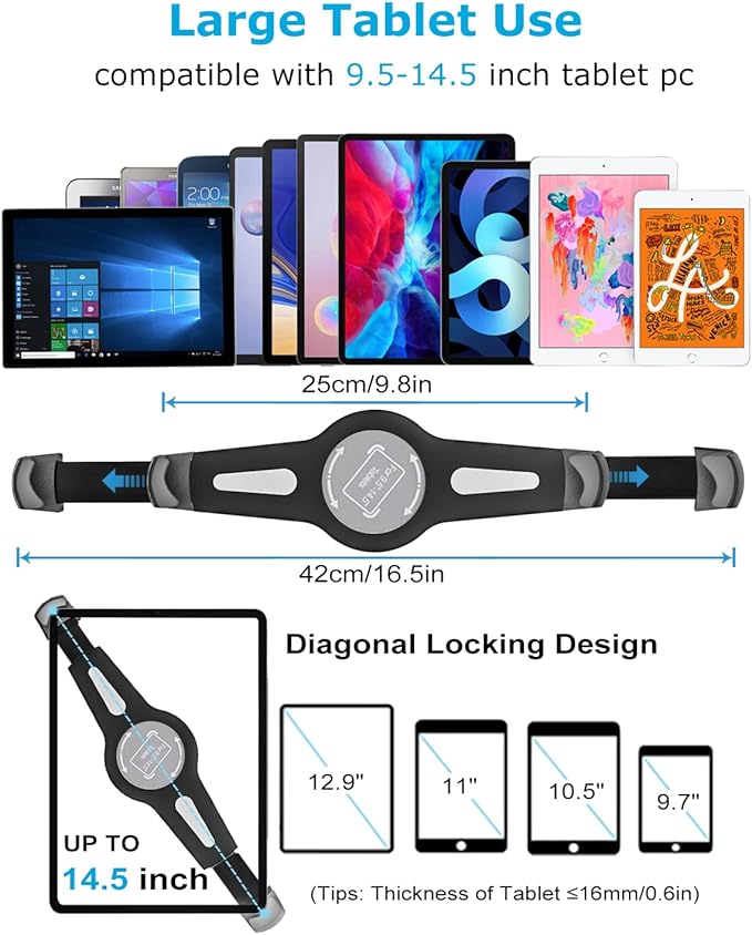 Bike Handlebar iPad Holder for 9.5-14.5" Tablets, Universal Fit, 360 Rotation, Black