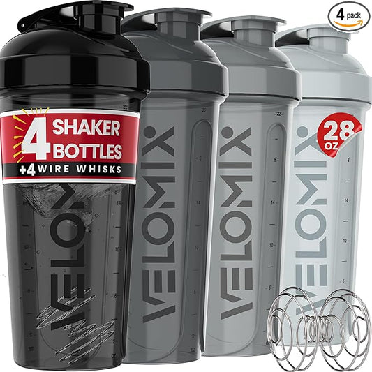 -4 Pack- 28 oz Protein Shaker Bottles for Protein Mixes - 4x Wire Whisk | Leak Proof Shaker Cups for Protein Shakes | Protein Shaker Bottle Pack (Silver Mix)
