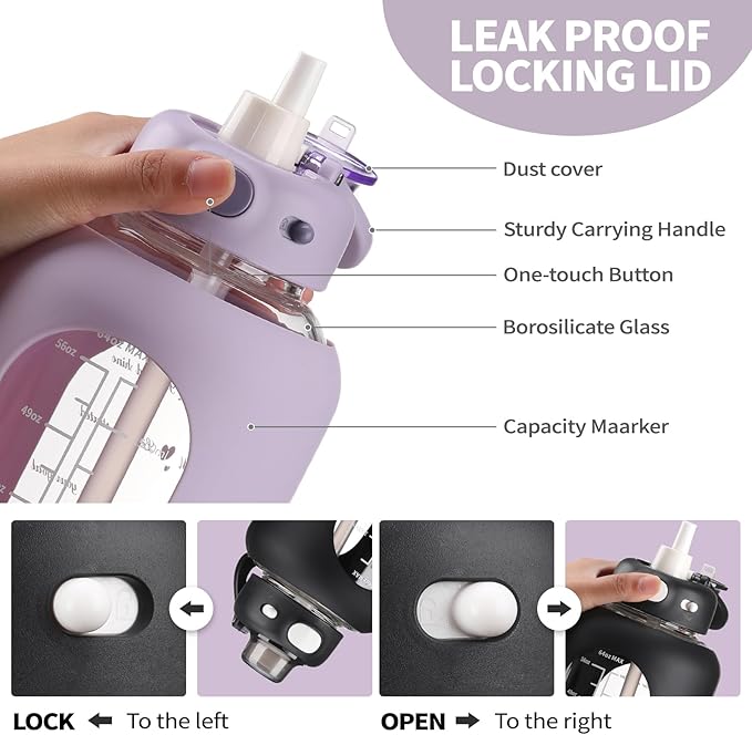 SIEROZUR 64 oz Glass Water Bottle with Straw and Handle Large Sports Motivational Water Bottle Flask with Time Marker Leakproof Water Jug with Silicone Sleeve for Gym