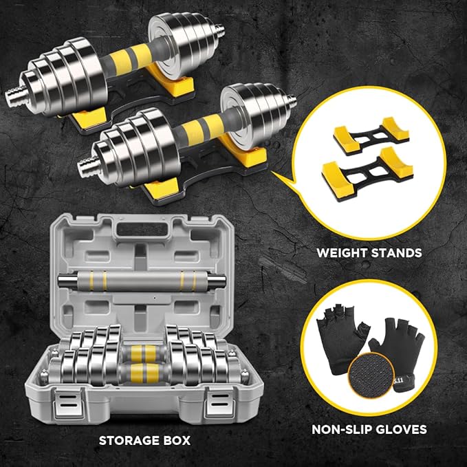 PHOEROS Adjustable Dumbbell Set - 44/66/88 LBS weights set, Dumbbell Barbell 3 in 1, Steel Dumbbells Pair with Connecting Rod for Adults Women Men Fitness Workout, Home Gym Exercise Training Equipment